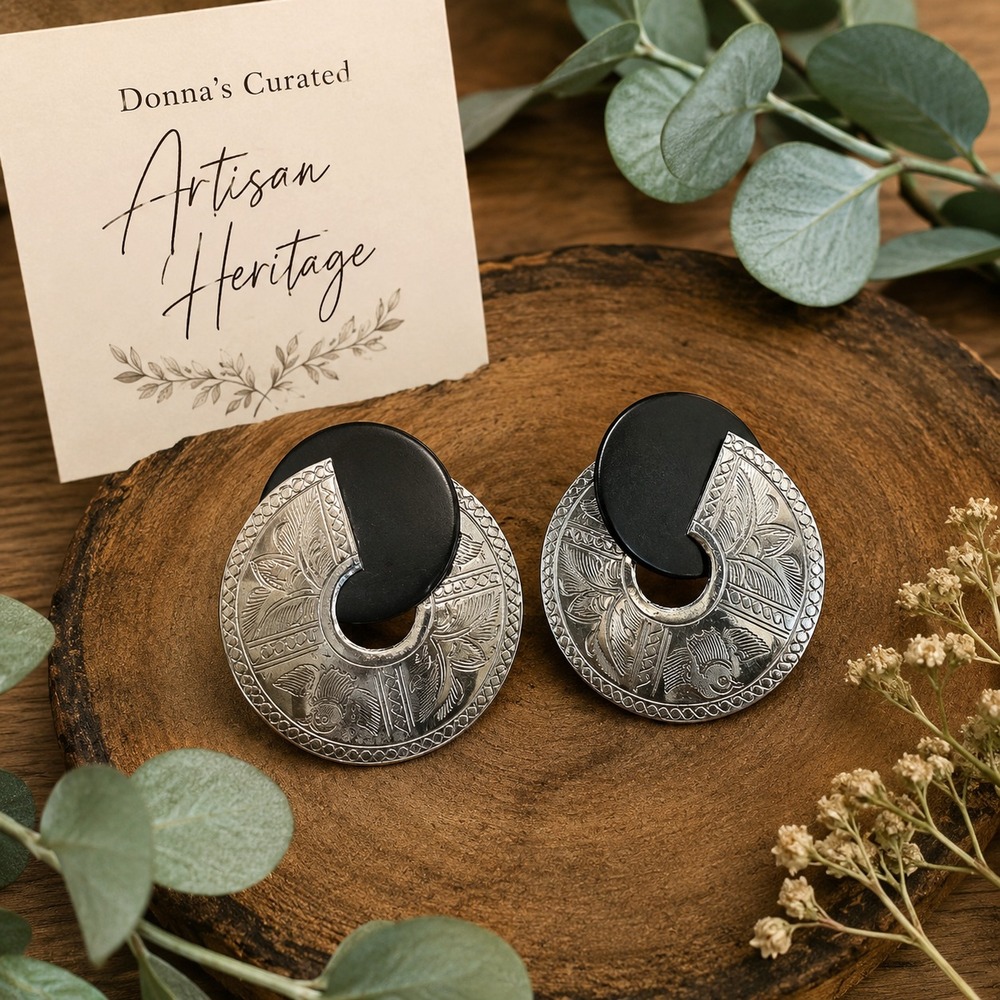 Artisan Silver Tone Black Statement Disc Earrings Etched Geometric Boho